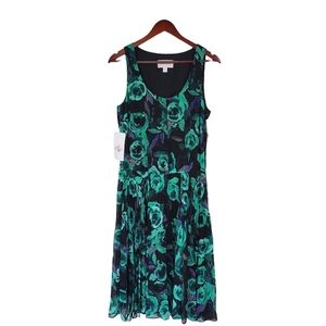 Donna Morgan Scoop Neck Sleeveless Pleated Green Black Floral Dress Boho sz 6